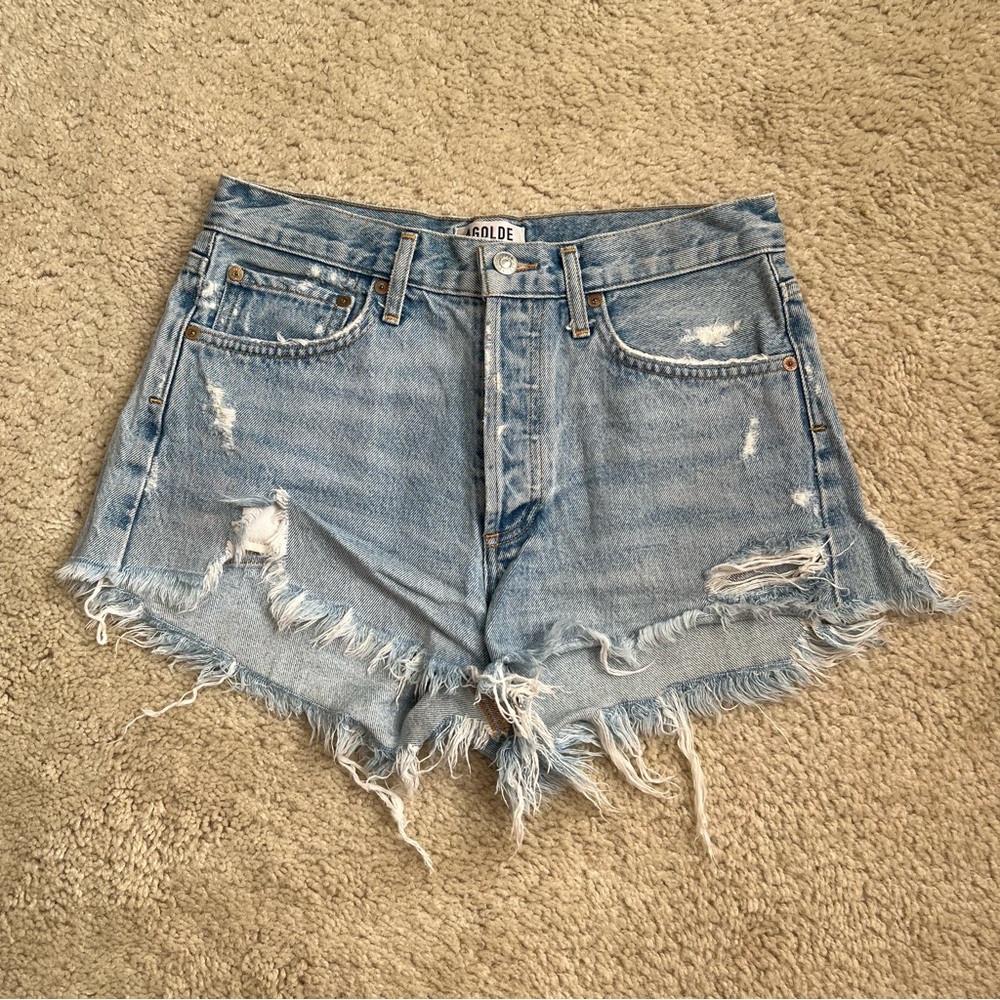 Agolde Blue Distressed Jean Shorts High-Waisted